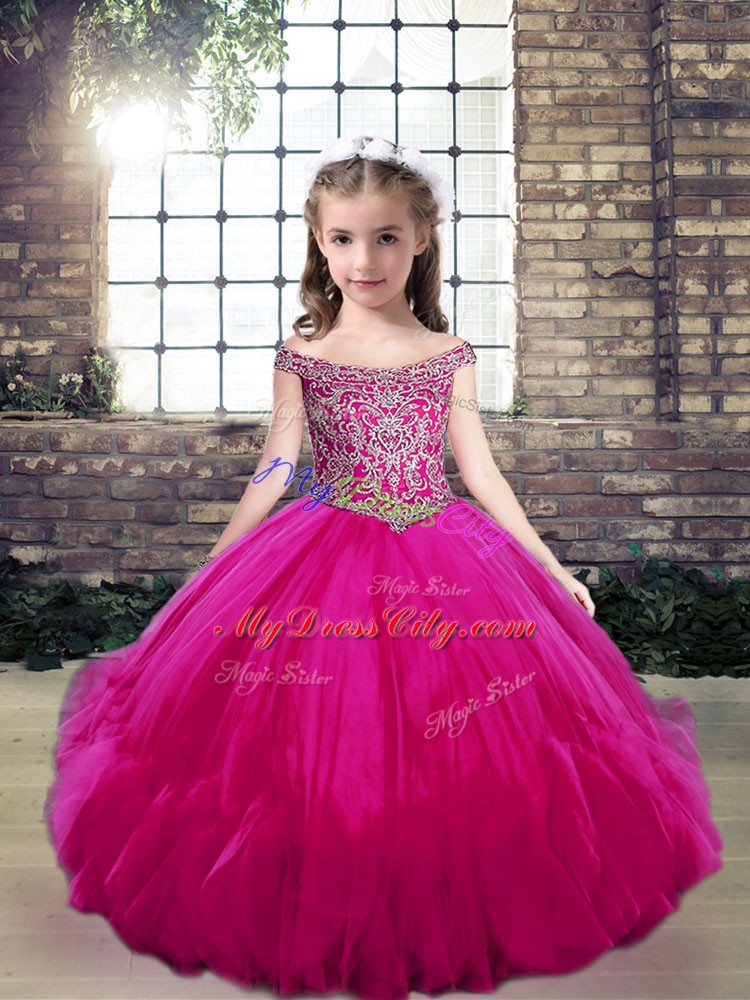 Tulle Sleeveless Floor Length Kids Pageant Dress and Beading