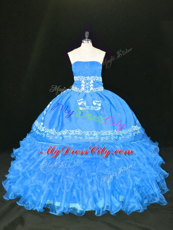 Chic Blue Organza Lace Up Strapless Sleeveless Floor Length Quince Ball Gowns Embroidery and Ruffles