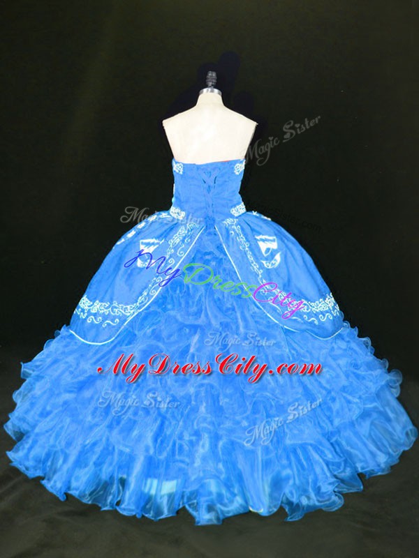 Chic Blue Organza Lace Up Strapless Sleeveless Floor Length Quince Ball Gowns Embroidery and Ruffles