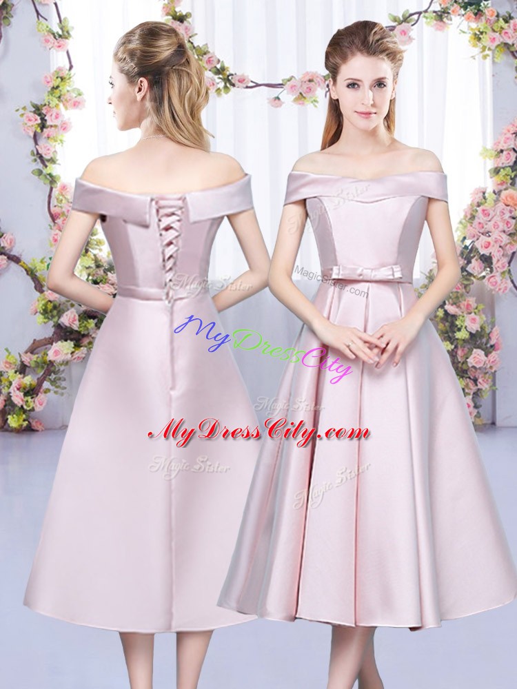 Glittering Sleeveless Satin Tea Length Lace Up Vestidos de Damas in Baby Pink with Bowknot