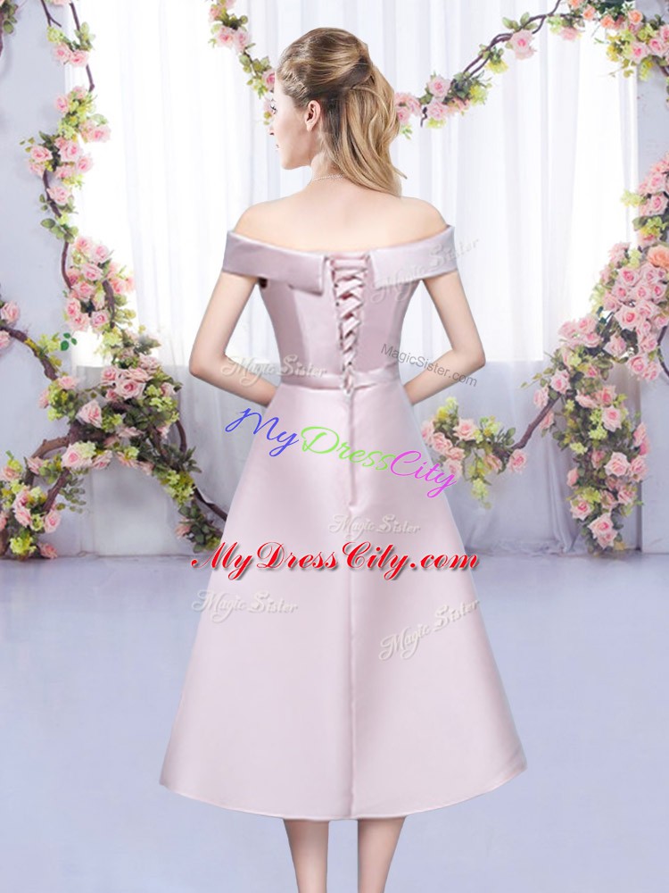 Glittering Sleeveless Satin Tea Length Lace Up Vestidos de Damas in Baby Pink with Bowknot