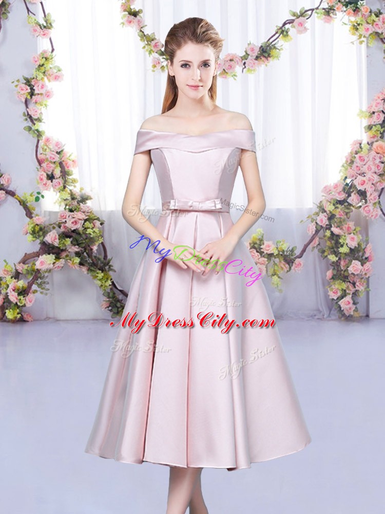 Glittering Sleeveless Satin Tea Length Lace Up Vestidos de Damas in Baby Pink with Bowknot