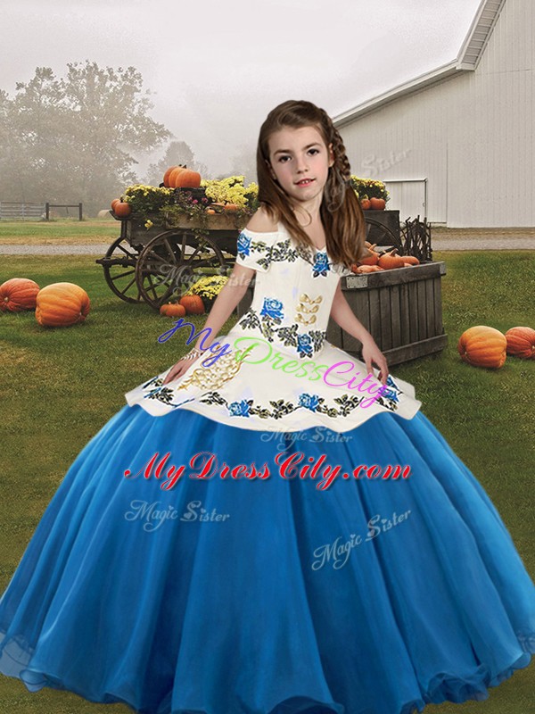 Blue Kids Pageant Dress For with Embroidery Straps Sleeveless Lace Up