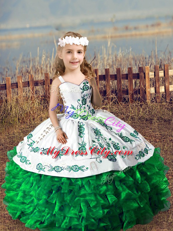 Organza Straps Sleeveless Lace Up Embroidery and Ruffles Little Girl Pageant Dress in Green