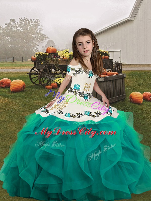 Great Sleeveless Lace Up Floor Length Embroidery Little Girls Pageant Gowns