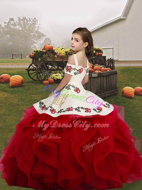 Great Sleeveless Lace Up Floor Length Embroidery Little Girls Pageant Gowns