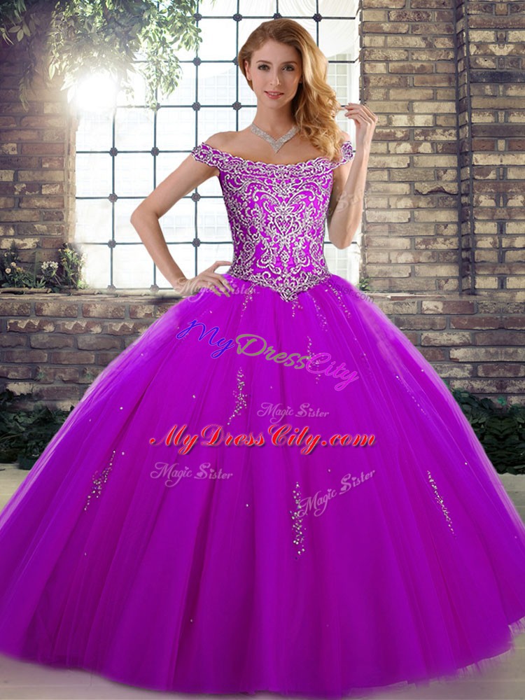 Ball Gowns Quinceanera Dress Purple Off The Shoulder Tulle Sleeveless Floor Length Lace Up