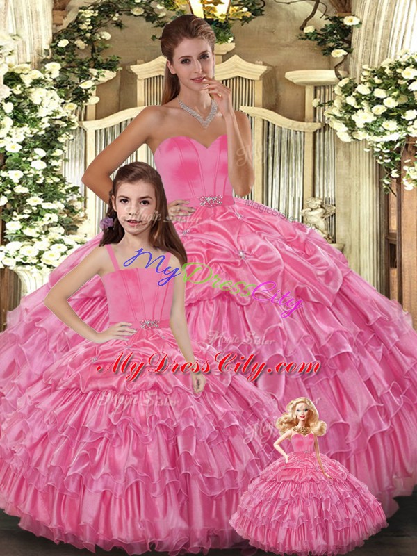 Rose Pink Ball Gowns Organza Sweetheart Sleeveless Ruffled Layers Floor Length Lace Up Sweet 16 Quinceanera Dress