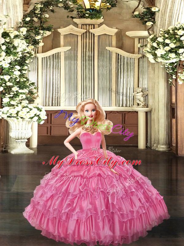 Rose Pink Ball Gowns Organza Sweetheart Sleeveless Ruffled Layers Floor Length Lace Up Sweet 16 Quinceanera Dress