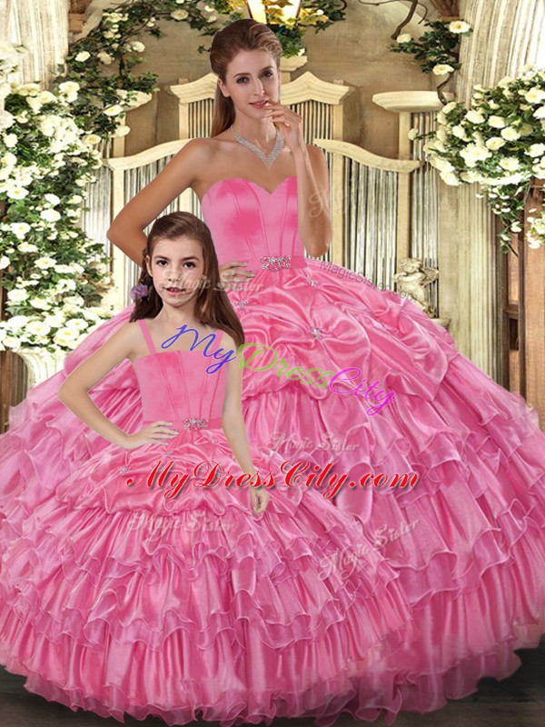 Rose Pink Ball Gowns Organza Sweetheart Sleeveless Ruffled Layers Floor Length Lace Up Sweet 16 Quinceanera Dress