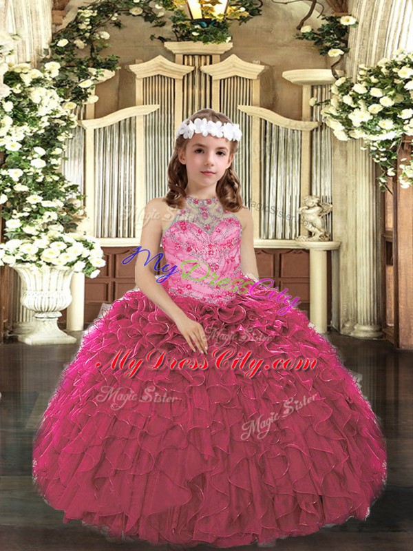 Exquisite Hot Pink Ball Gowns Tulle Halter Top Sleeveless Beading and Ruffles Floor Length Lace Up High School Pageant Dress