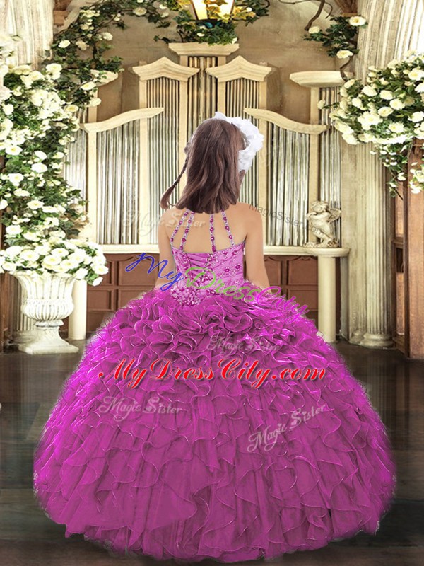 Exquisite Hot Pink Ball Gowns Tulle Halter Top Sleeveless Beading and Ruffles Floor Length Lace Up High School Pageant Dress