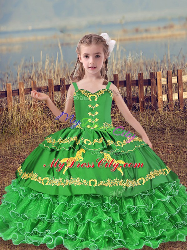 Fantastic Straps Sleeveless Little Girl Pageant Gowns Floor Length Beading and Embroidery and Ruffled Layers Green Organza