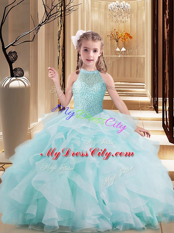 Light Blue High School Pageant Dress Party and Sweet 16 and Wedding Party with Beading and Ruffles High-neck Sleeveless Brush Train Lace Up