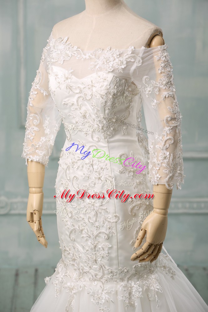 Simple 3 4 Length Sleeve Watteau Train Lace Up Lace Wedding Gown