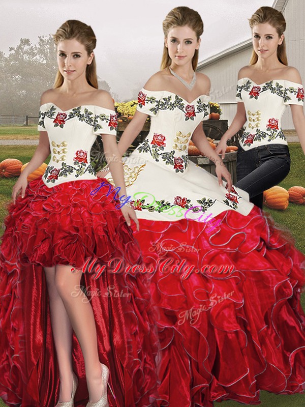 Low Price Floor Length White And Red Quinceanera Dresses Organza Sleeveless Embroidery and Ruffles