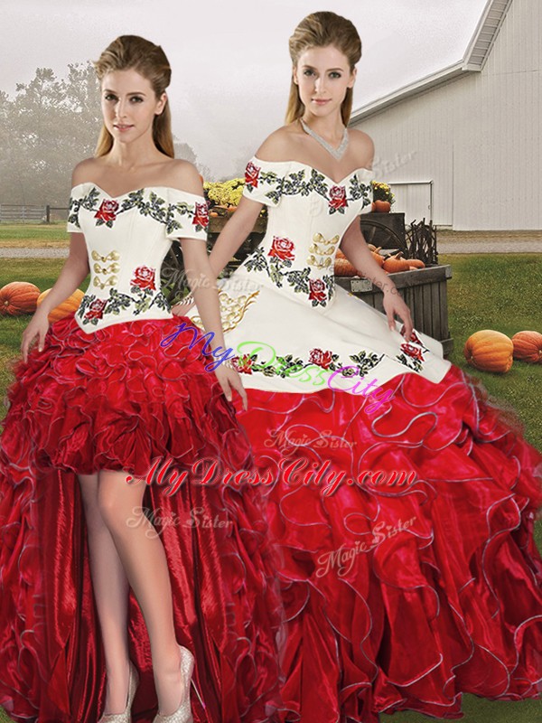 Low Price Floor Length White And Red Quinceanera Dresses Organza Sleeveless Embroidery and Ruffles