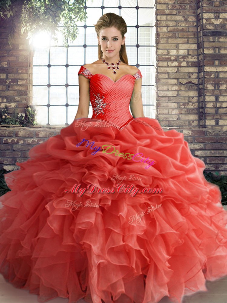 High Quality Ball Gowns Quinceanera Dresses Orange Red Off The Shoulder Organza Sleeveless Floor Length Lace Up