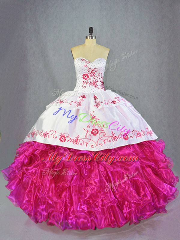 Discount Hot Pink Quinceanera Dress Sweet 16 and Quinceanera with Beading and Embroidery and Ruffles Sweetheart Sleeveless Brush Train Lace Up