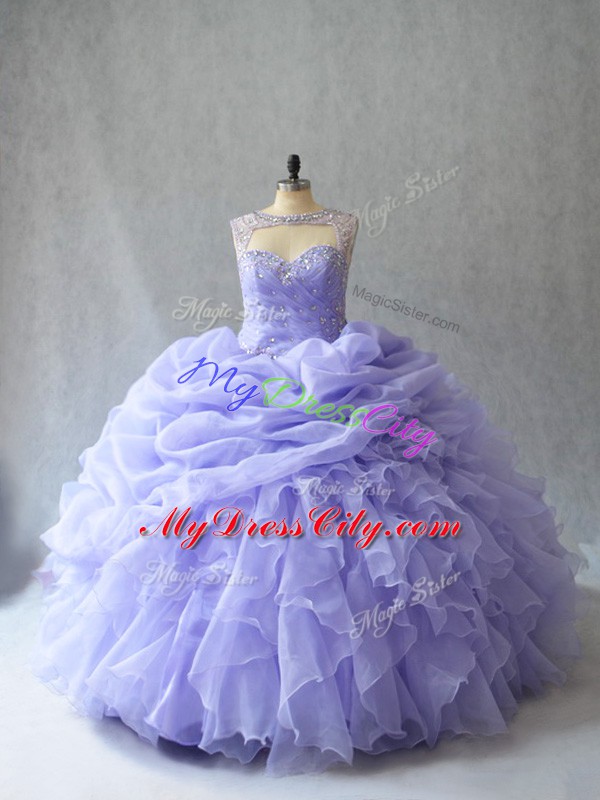 Low Price Lavender Organza Lace Up Scoop Sleeveless Vestidos de Quinceanera Brush Train Beading and Ruffles and Pick Ups