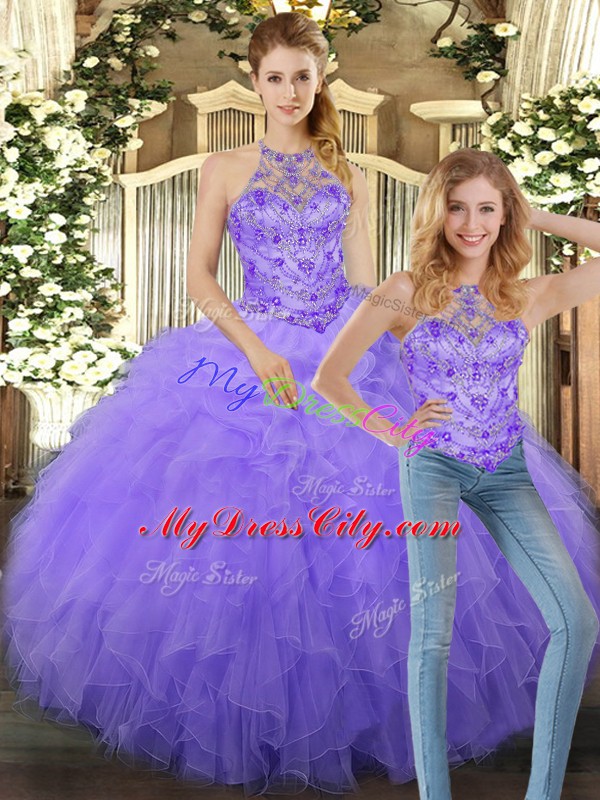 Deluxe Lavender Halter Top Lace Up Beading and Ruffles Vestidos de Quinceanera Sleeveless