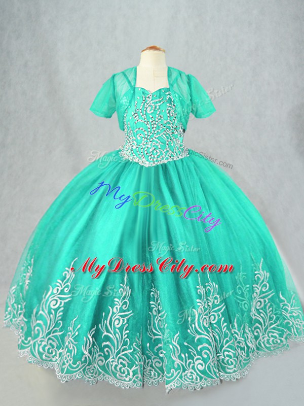 Sleeveless Tulle Floor Length Lace Up Kids Pageant Dress in Turquoise with Beading and Embroidery