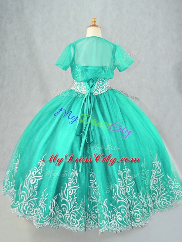 Sleeveless Tulle Floor Length Lace Up Kids Pageant Dress in Turquoise with Beading and Embroidery