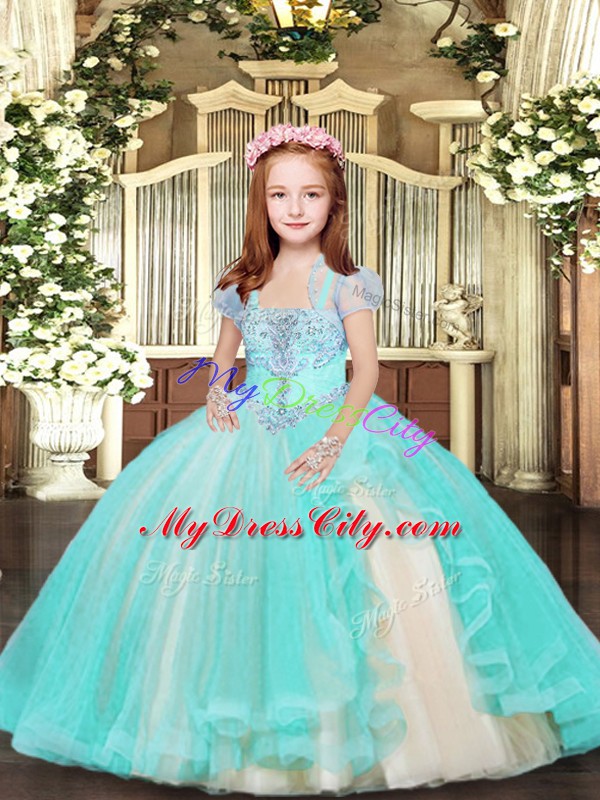 High End Straps Sleeveless Lace Up Little Girls Pageant Dress Aqua Blue Tulle