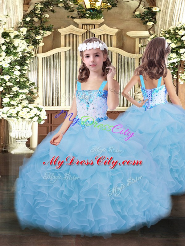 Elegant Ball Gowns Pageant Dress for Girls Blue Straps Organza Sleeveless Floor Length Lace Up