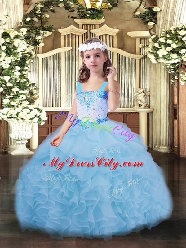 Elegant Ball Gowns Pageant Dress for Girls Blue Straps Organza Sleeveless Floor Length Lace Up