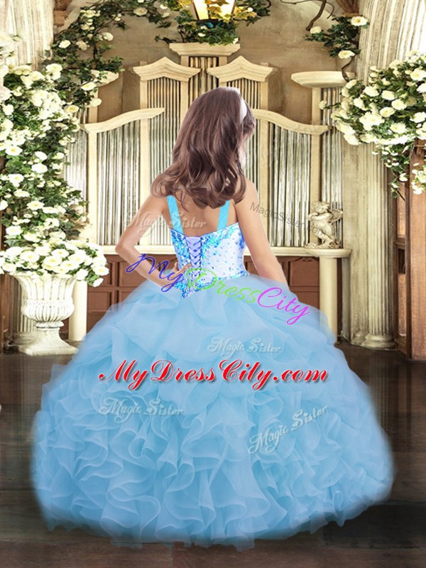 Elegant Ball Gowns Pageant Dress for Girls Blue Straps Organza Sleeveless Floor Length Lace Up