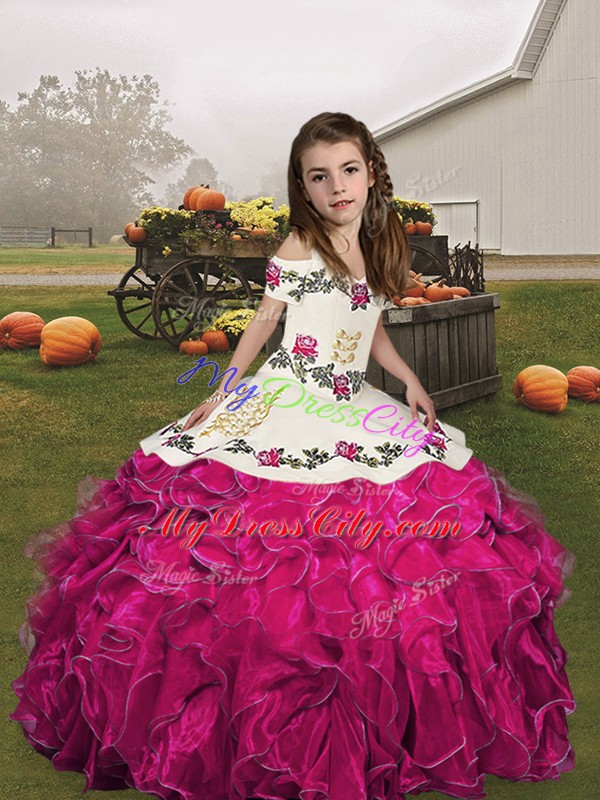 Charming Fuchsia Sleeveless Embroidery and Ruffles Floor Length Custom Made Pageant Dress