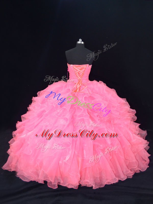 Best Sleeveless Floor Length Beading and Ruffles Lace Up Quinceanera Dress with Pink