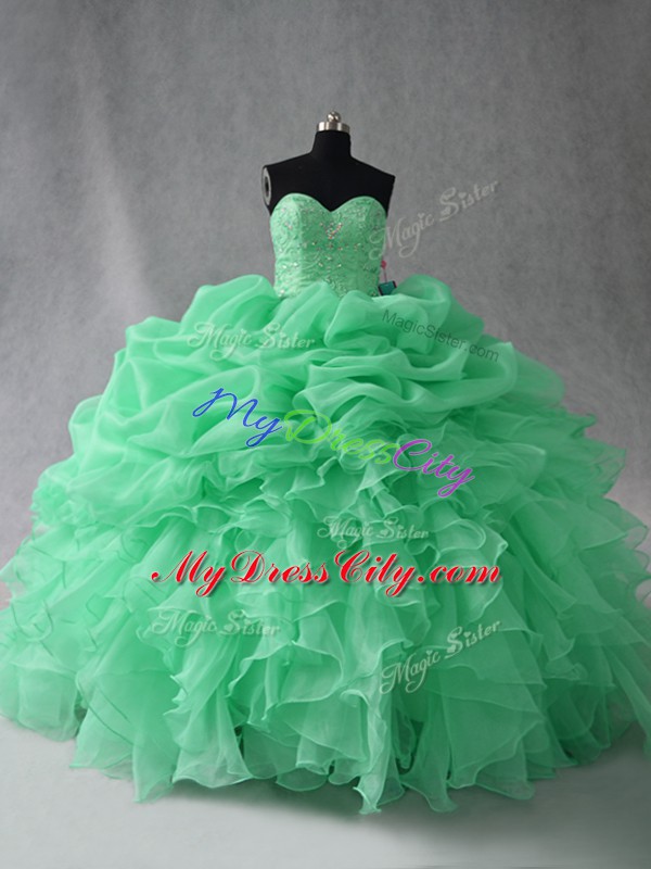 Dynamic Apple Green Sleeveless Floor Length Beading and Ruffles and Pick Ups Lace Up Sweet 16 Dresses