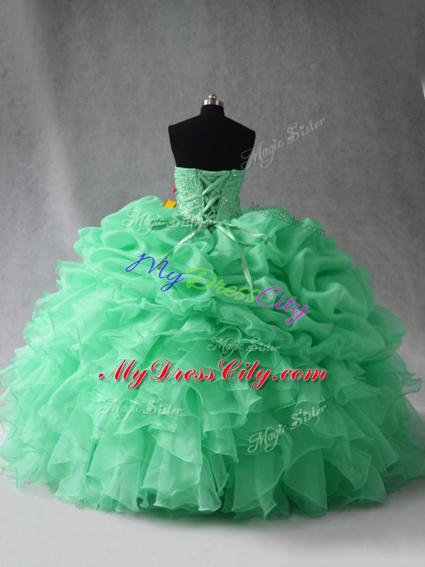 Dynamic Apple Green Sleeveless Floor Length Beading and Ruffles and Pick Ups Lace Up Sweet 16 Dresses