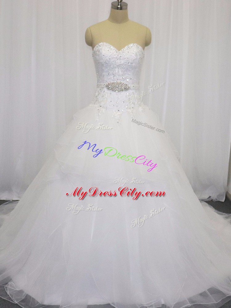 Graceful Sweetheart Sleeveless Organza Wedding Gowns Beading and Lace Court Train Clasp Handle