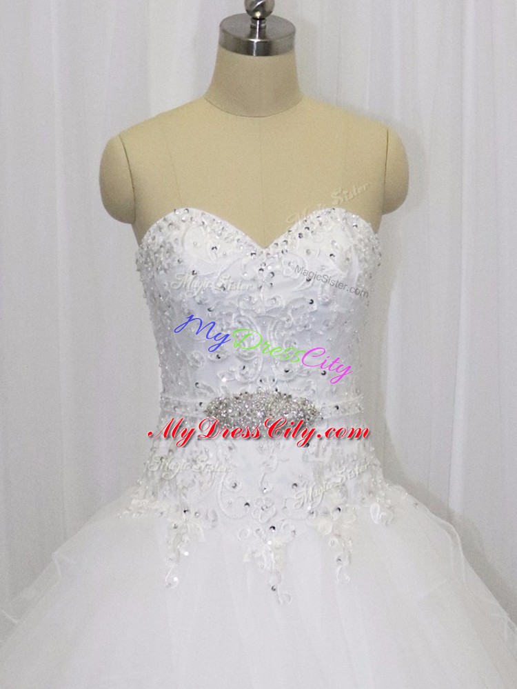 Graceful Sweetheart Sleeveless Organza Wedding Gowns Beading and Lace Court Train Clasp Handle