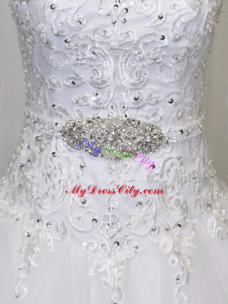 Graceful Sweetheart Sleeveless Organza Wedding Gowns Beading and Lace Court Train Clasp Handle