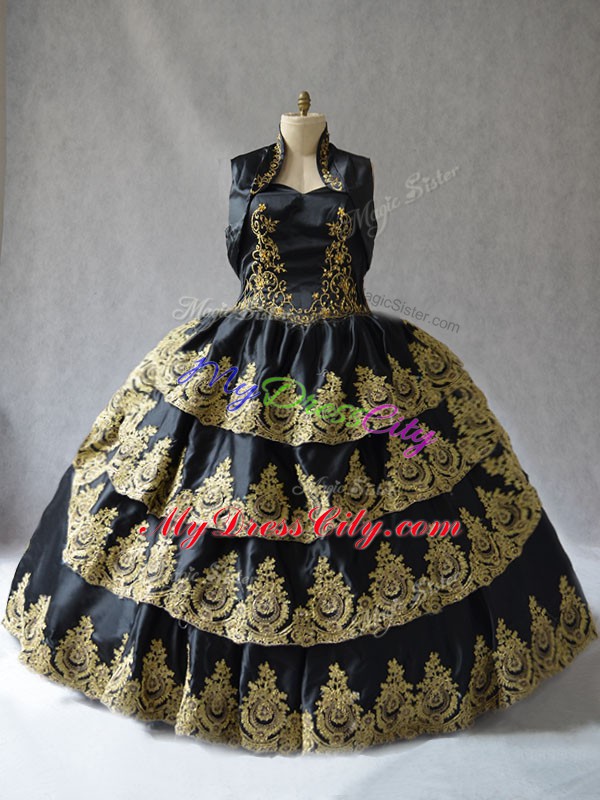 Flirting Black Ball Gowns Satin Sweetheart Sleeveless Embroidery Floor Length Lace Up Quince Ball Gowns