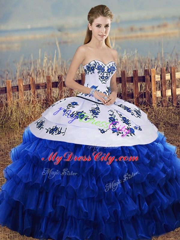 Colorful Sleeveless Organza Floor Length Lace Up Quinceanera Dresses in Royal Blue with Embroidery and Ruffled Layers