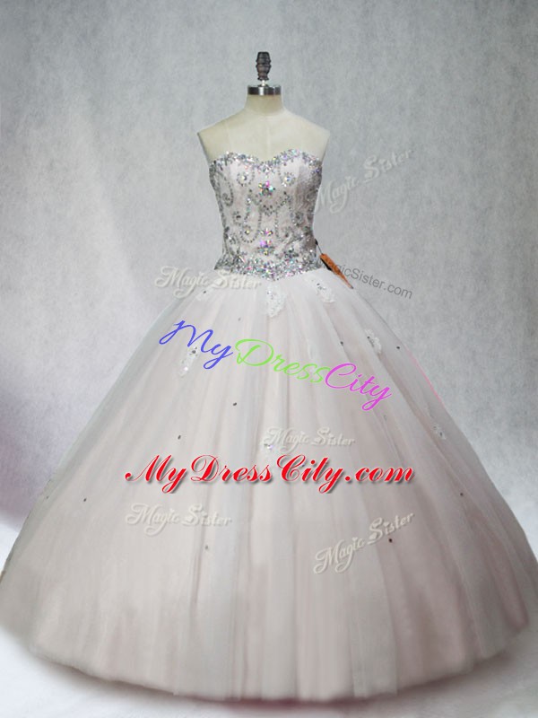 White Lace Up Sweet 16 Quinceanera Dress Beading Sleeveless Floor Length