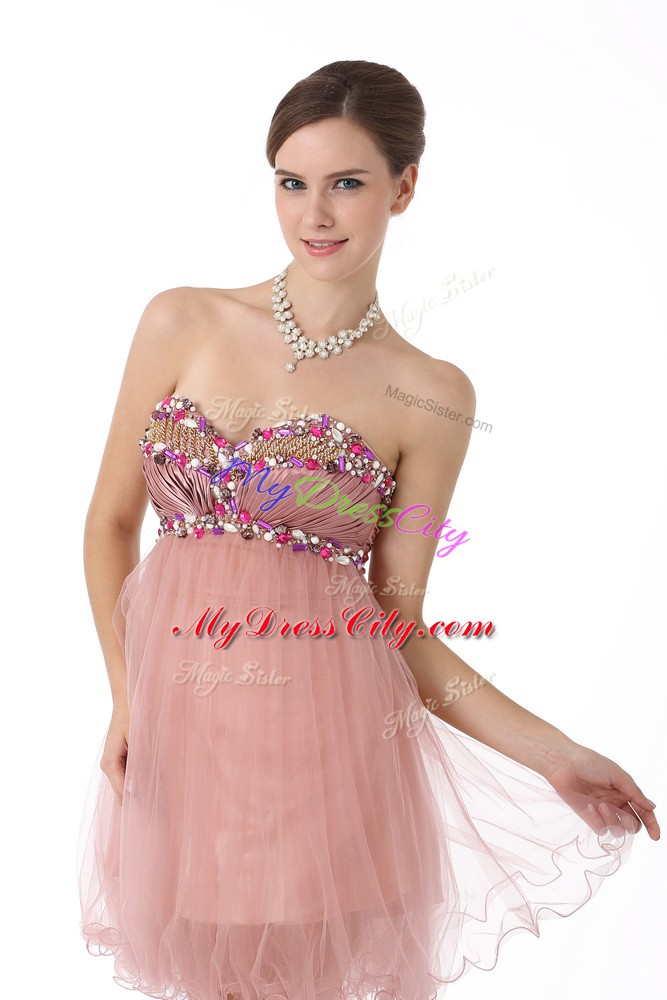 Mini Length A-line Sleeveless Pink Evening Gowns Zipper