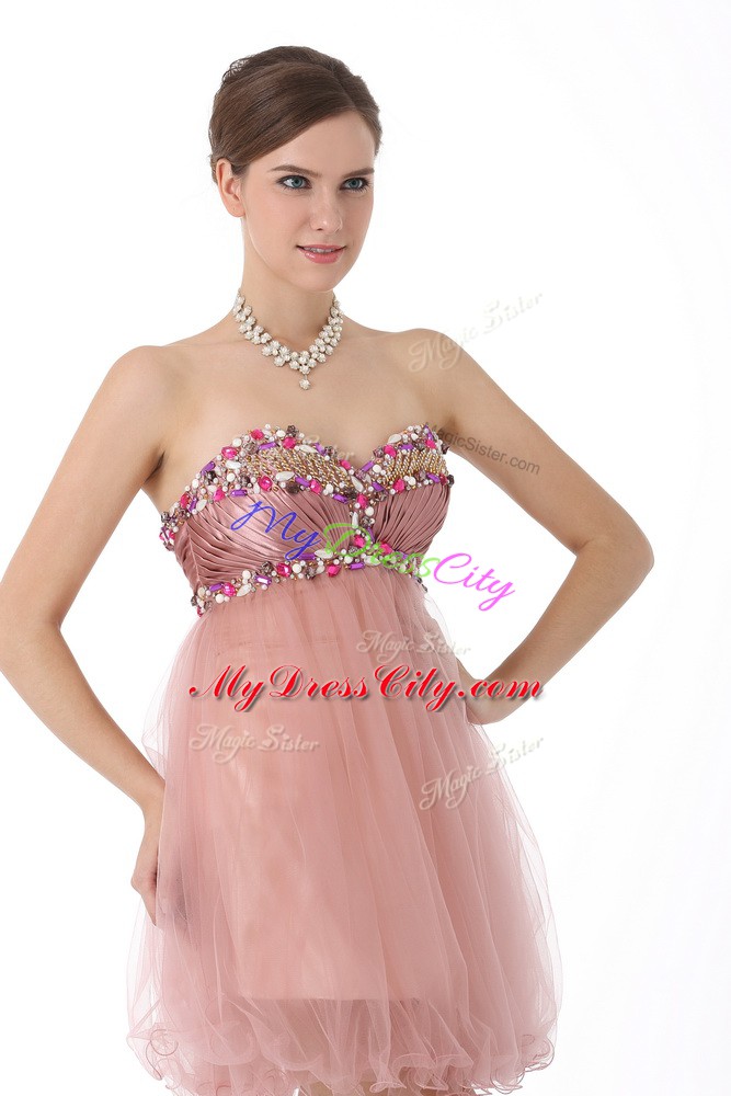 Mini Length A-line Sleeveless Pink Evening Gowns Zipper