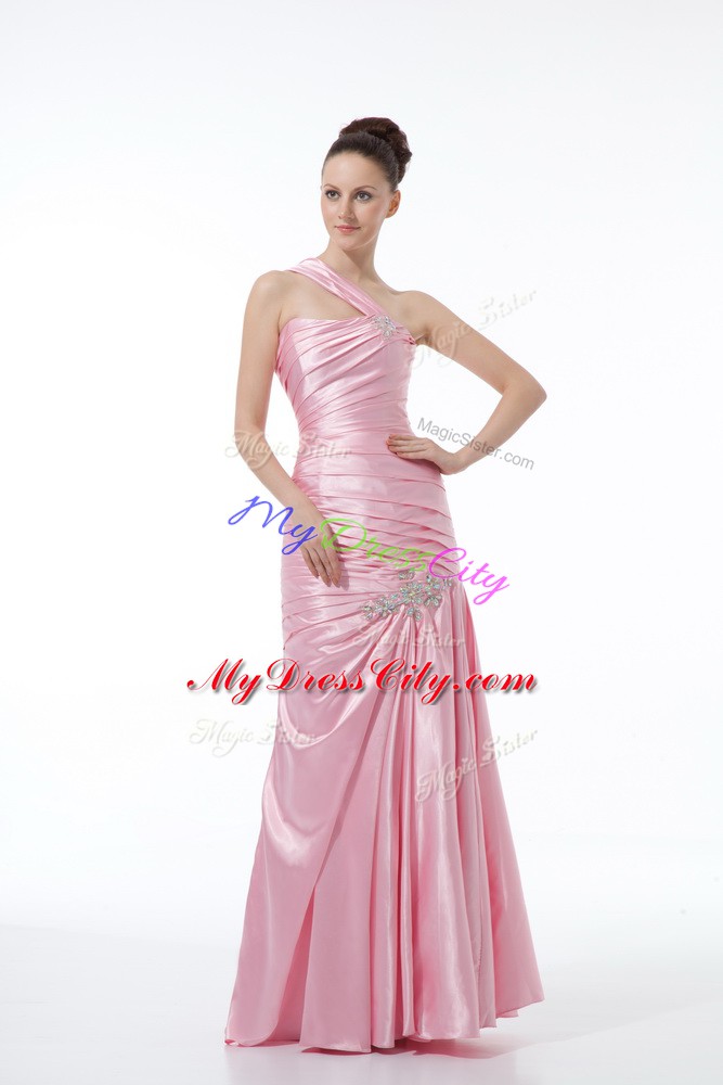 Flare Floor Length Baby Pink Evening Dresses Taffeta Sleeveless Beading and Ruching