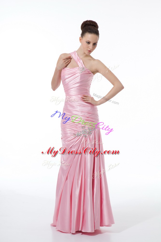 Flare Floor Length Baby Pink Evening Dresses Taffeta Sleeveless Beading and Ruching