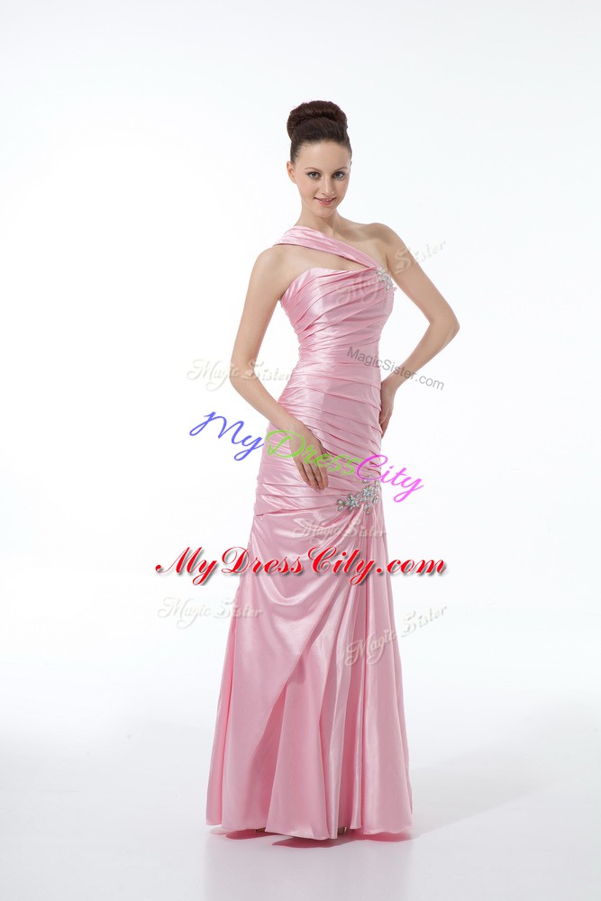 Flare Floor Length Baby Pink Evening Dresses Taffeta Sleeveless Beading and Ruching