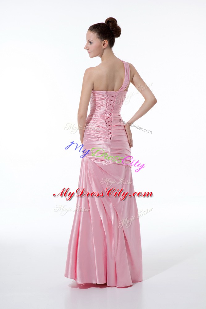 Flare Floor Length Baby Pink Evening Dresses Taffeta Sleeveless Beading and Ruching