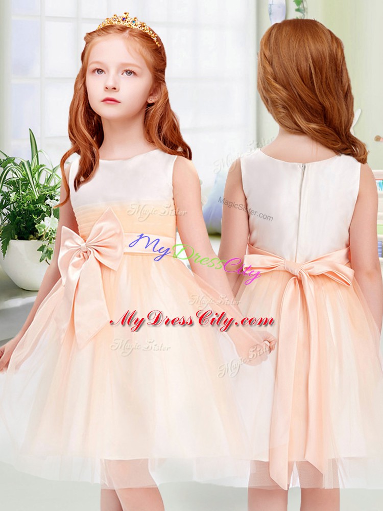 Hot Sale Sleeveless Tulle Knee Length Zipper Toddler Flower Girl Dress in Peach with Bowknot