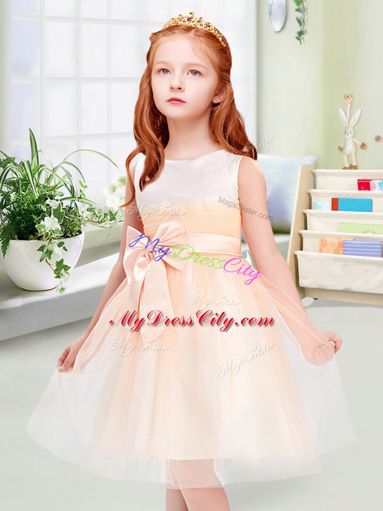 Hot Sale Sleeveless Tulle Knee Length Zipper Toddler Flower Girl Dress in Peach with Bowknot