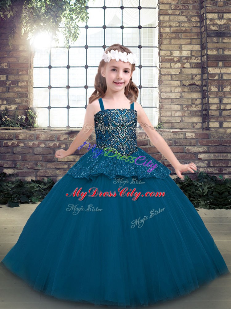 Blue Straps Neckline Beading Little Girl Pageant Dress Sleeveless Lace Up